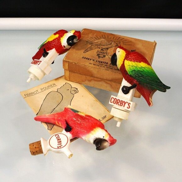 Vintage 1950s Corbys Whiskey 3 Parrot Pourers NOT WORKING Original Box w Manual - Picture 3 of 8